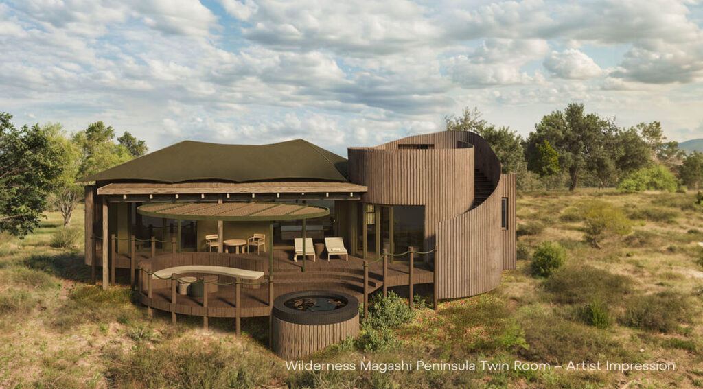 Eine künstlerische Darstellung des Wilderness Magashi Peninsula Twin Room umfasst eine runde Terrasse mit Sitzgelegenheiten, einen kleinen Teich und einen atemberaubenden Blick auf die üppige umliegende Vegetation.