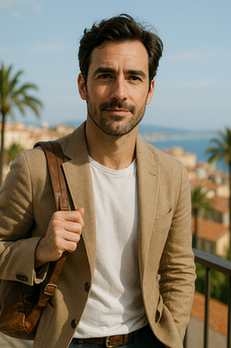 Ein Mann mit dunklem Haar und Bart, der einen hellbraunen Blazer und ein weißes T-Shirt trägt, steht mit einer braunen Umhängetasche im Freien - perfekt für ein Autorenprofil oder eine Redaktionsumgebung. Im Hintergrund sind Palmen und Gebäude zu sehen.