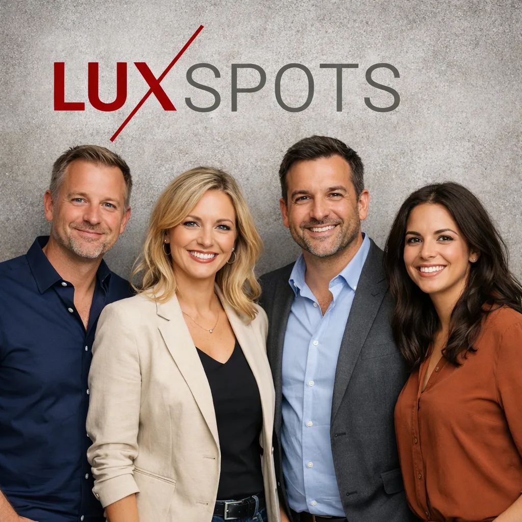 Vier professionell gekleidete Erwachsene stehen lächelnd vor einer grauen, strukturierten Wand, über der das Wort "LUXSPOTS" steht, und fangen damit perfekt den Geist unserer Über uns-Teamvorstellung ein.
